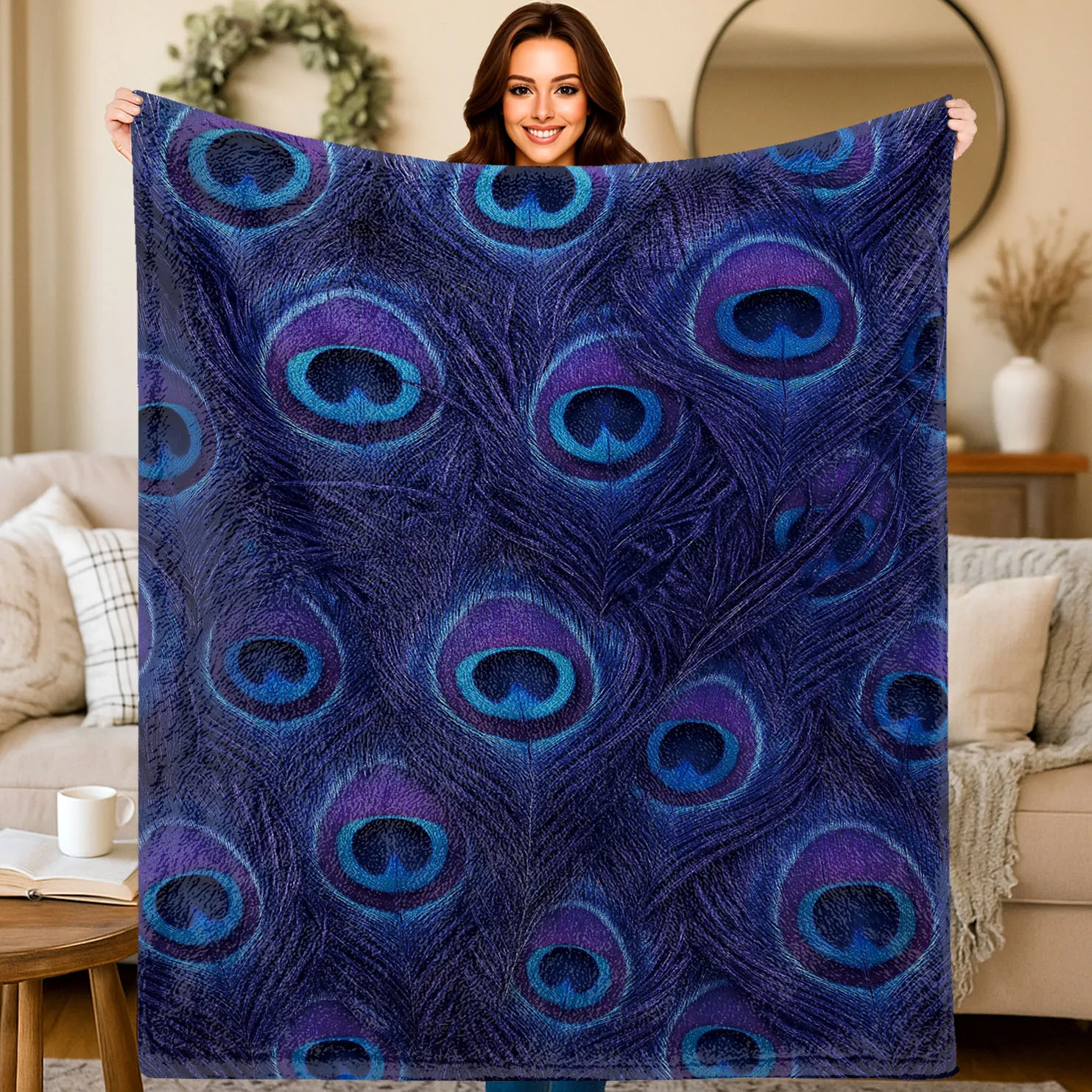 Elegant Peacock Feather Throw Blanket Blue Purple Iridescent Print Soft Cozy Wrap For Luxury Living Room And Sophisticated