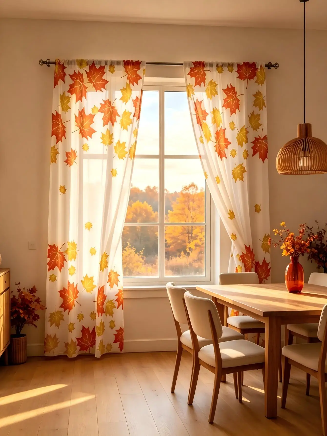2PCS Digital Print Sheer Curtain, Orange Yellow Maple Leaf Fall Autumn Window Drapes for Living Room Bedroom Home Decor