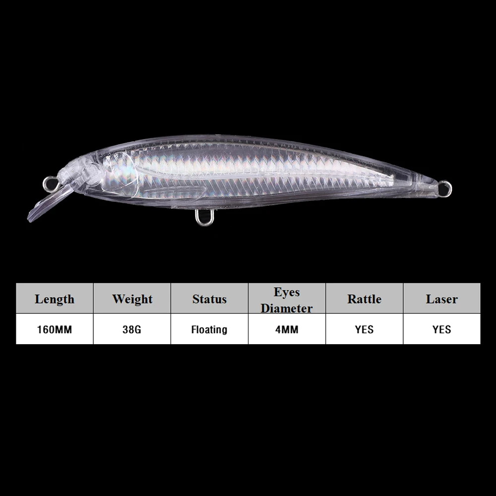 Chan'sHuang 10PCS Unpainted Blanks Bait 16cm 38g Laser Minnow Wire Go Through Body Withstand Higher Tension Fishing Lure