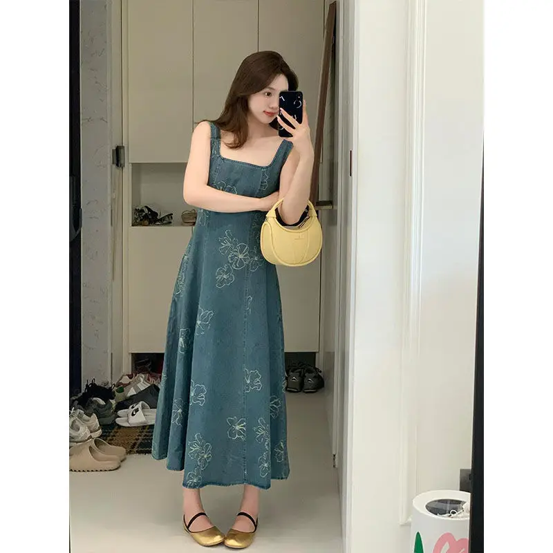 Summer New Women's Denim Dress Loose Commuter Leisure Print Retro Embroidered Strap Dress