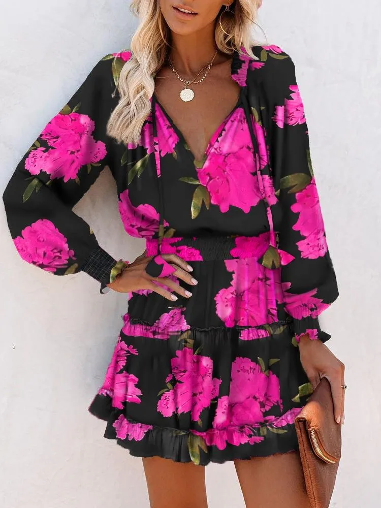 

Fashion Floral Print Party Dresses Women Spring Autumn Long Sleeve V-Neck Ruffle Mini Dress Casual Vestidos Female