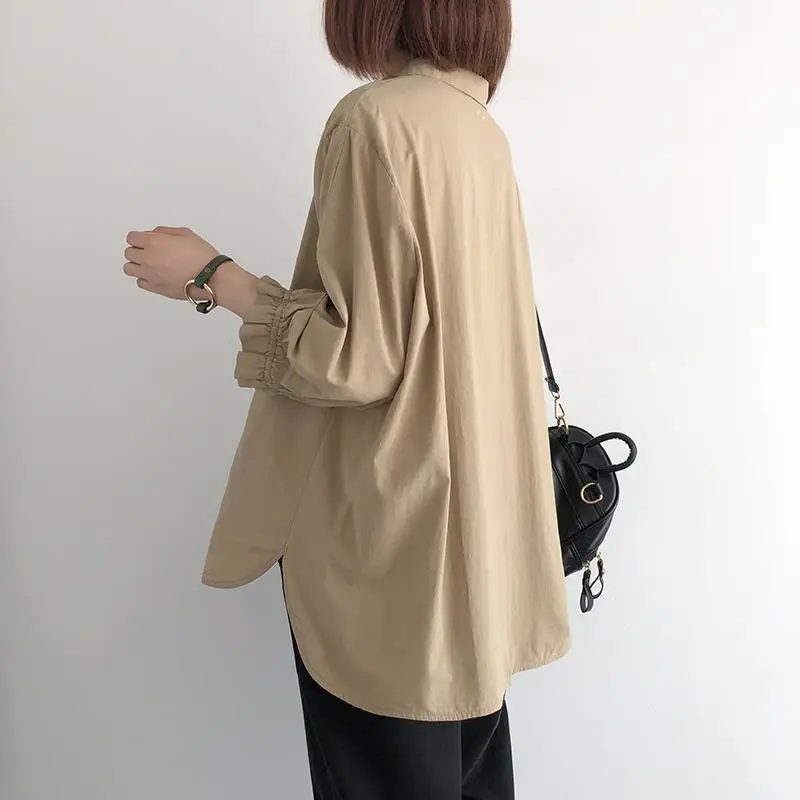 Einfarbiges Rüschenkanten-Laternenärmel-Oberteil mit Sieben-Viertel-Ärmeln Einreihiges Hemd Frühling Sommer Neue Koreanische Version Damen Locker Sitzende Übergrößen-Bluse – Detail 10