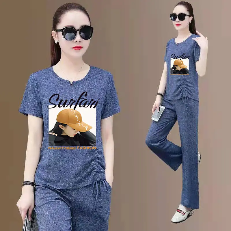 

Ice Silk Sportswear Women's Suit Summer New Short-sleeved Trousers Casual Fashion Slim-fit Wide-leg Pants Two-piece Set