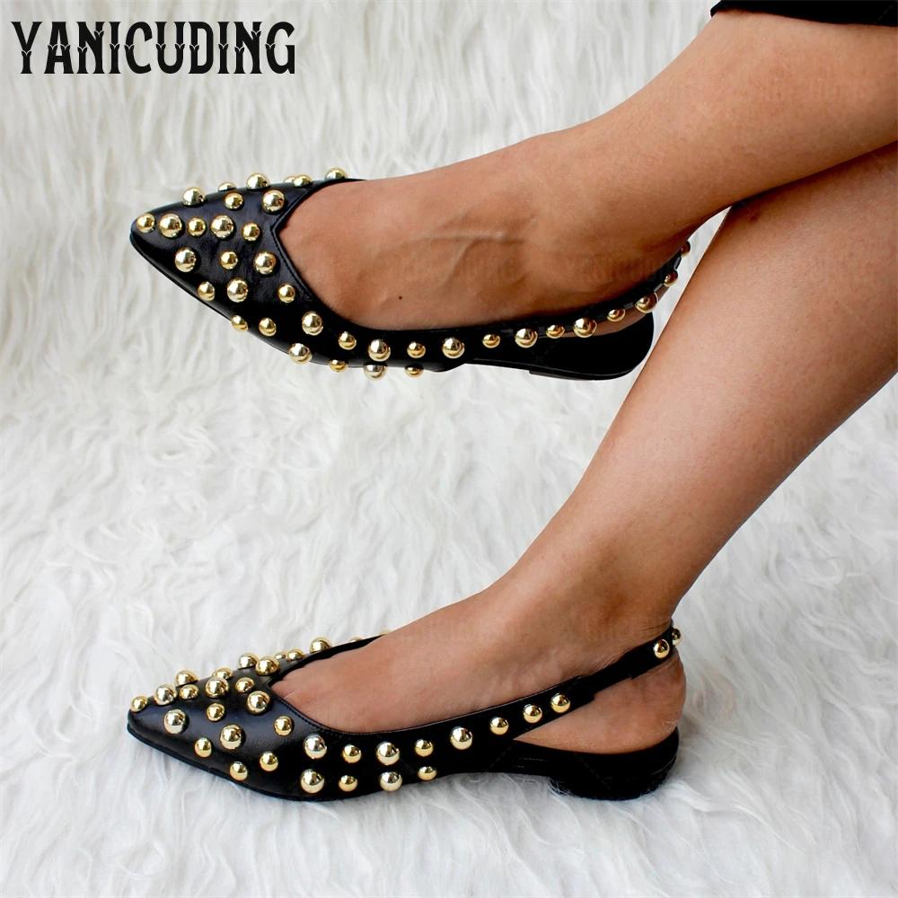 Metallic Beaded Pointed Toe Flats Black Patent Leather Elastic Band Flats Elegant Slip-On Comfortable Leather Shoes Custom Color