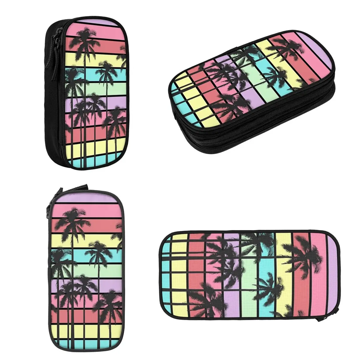 Colorful Summer Stripes With Tropical Palm Trees Pencil Cases Large Storage Pen Bags Pen Box Pencil Pouch For Stationery School