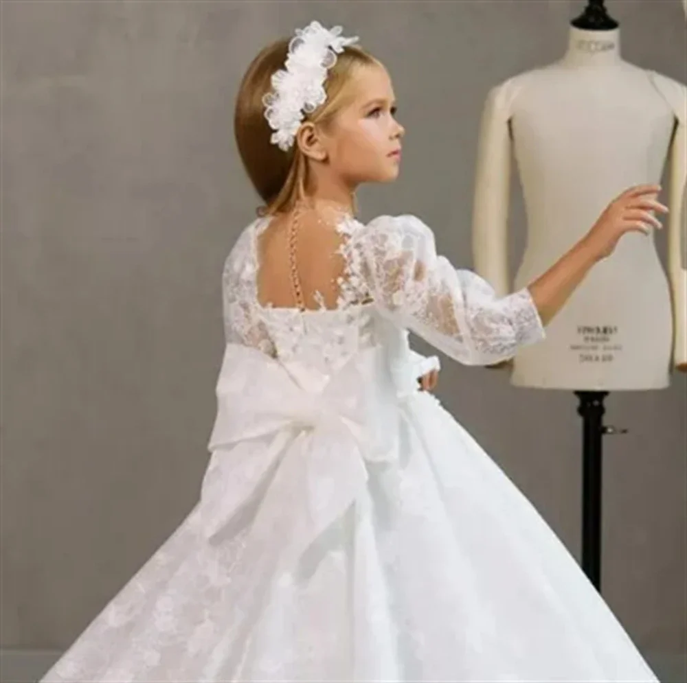 Robe de fille en tulle moelleux blanc avec appliques en dentelle, fleur de luxe, robe de fête d'anniversaire pour enfant, cadeau de mariage, première main, chariste