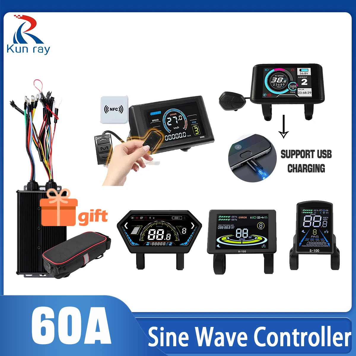 

Electric Bike Motor Controller 60A 48V52V60V72V with S966-NFC Panel for 1000W1500W2000W3000W Bicycle Motor Sine Wave Controller