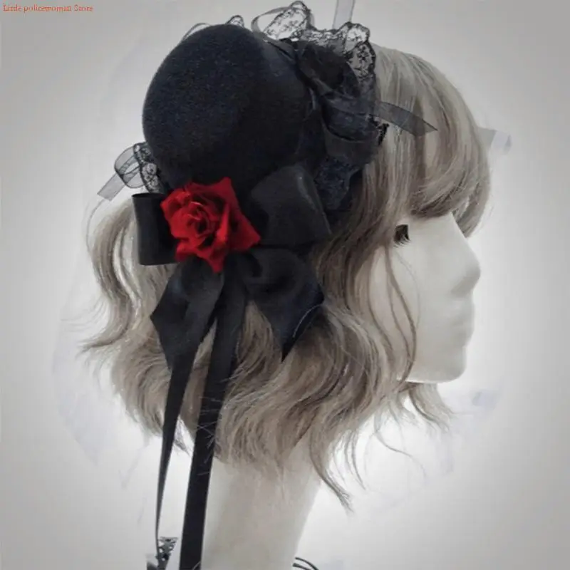 F92D Punk Styles Lace Hat Hair Clip Fashion Headpiece with Realistic Rose Flower Secure Clip Design for Halloween Everyday