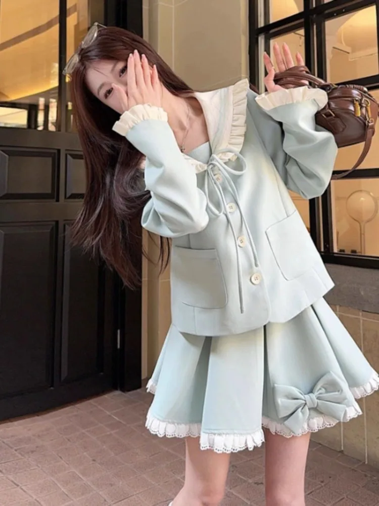 

Japanese Style Sweet Sailor Collar Aesthetic Top Women+ Harajuku Fashion Bow Hifh Waist Skirts 2025 Autumn New Two Piece Sets