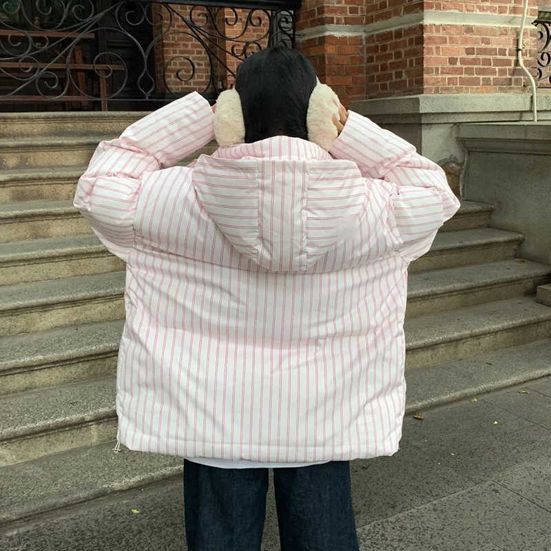 معطف مخطط دافئ بقلنسوة 2025 موضة جديدة معطف نسائي مبطن من القطن معطف شتوي فضفاض غير رسمي للنساء من القطن H763 #2