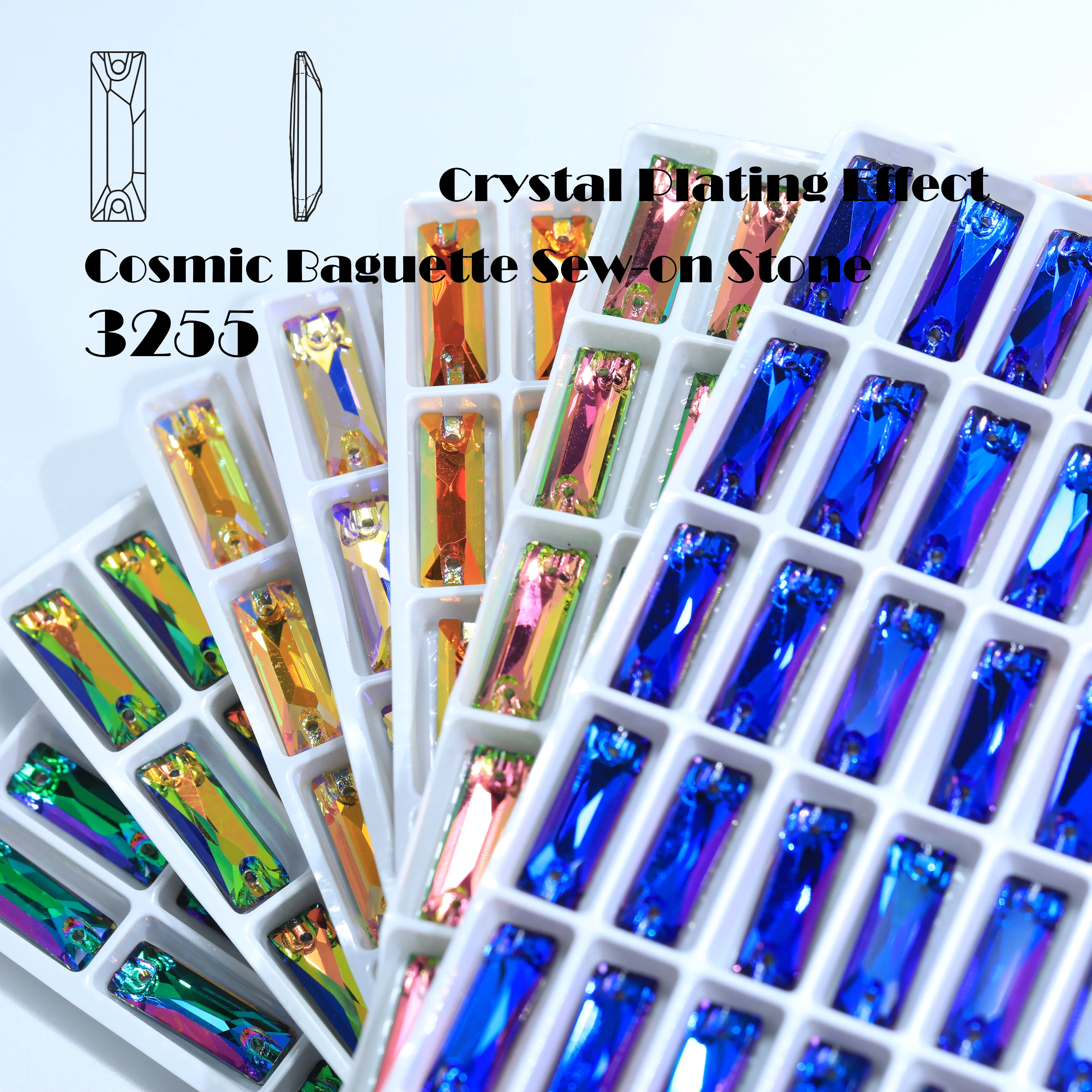 Weiß beschichtete Cosmic Baguette Aufnähsteine, lange Glaskristalle, Hochzeits- und Partydekoration, Nagelkunst, DIY-Bastelzubehör, Bastelmaterialien – Detail 4