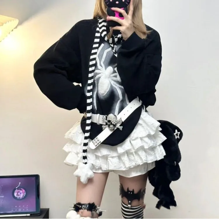 Harajuku Kawaii Ruched Ruffles Cake Spódnice Wiosna Moda Uniwersalne Białe Spodenki Y2k E-Girl Wysoka Talia Faldas Mujer