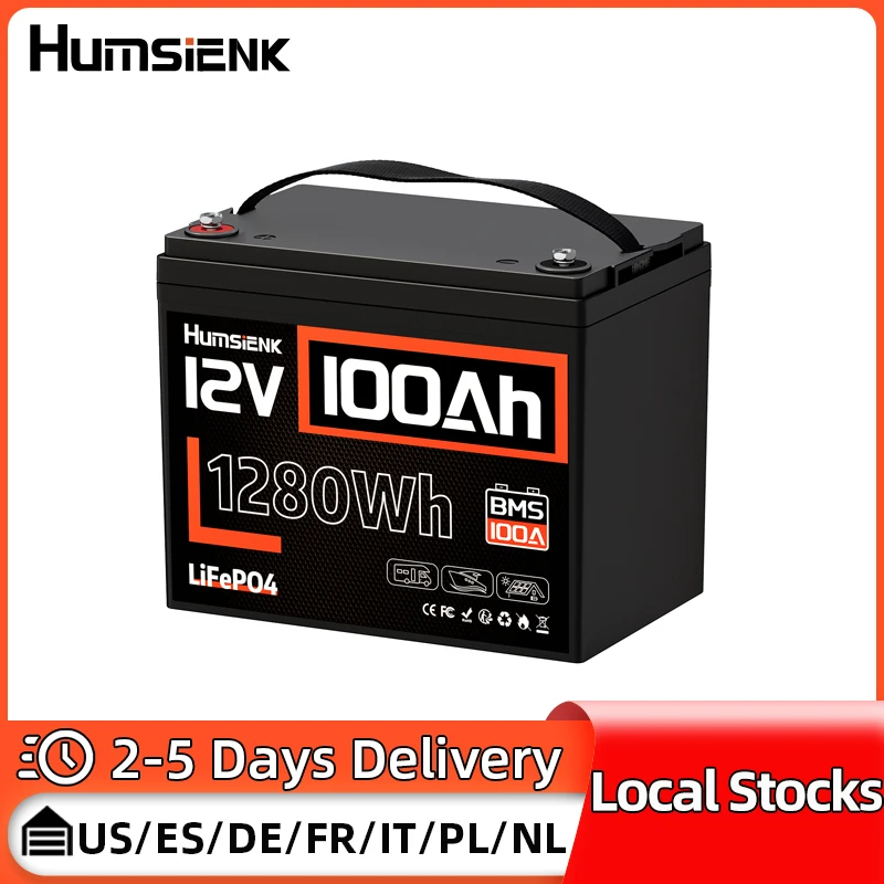 Humsienk 12V 100Ah LiFePO4 Battery Built-in 100A BMS Rechargeable Low-Temp Protection Lithium Iron Phosphate Battery for RV,etc