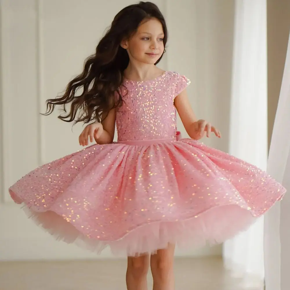 Pink Flower Girl Dresses Tulle Sequin Skirt With Bow Short Sleeve For Wedding Birthday Party Banquet Princess Gowns