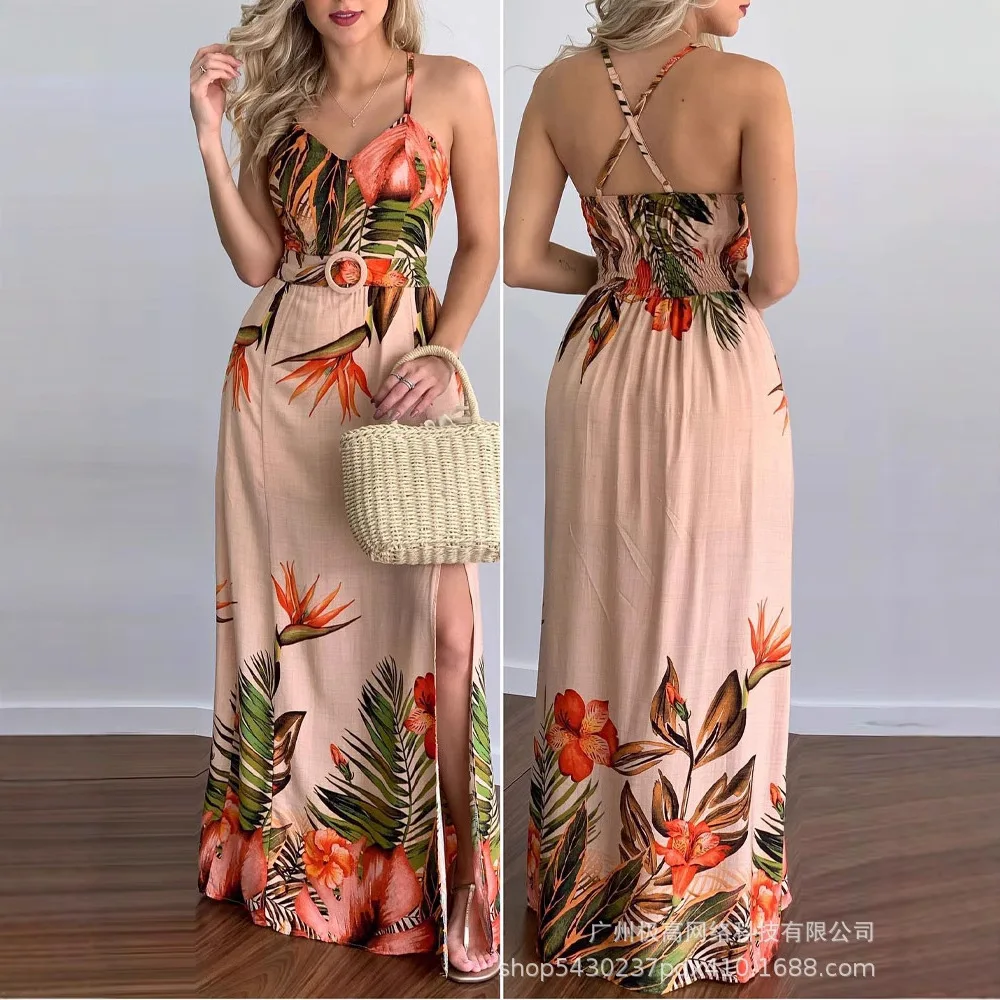 Mulheres cinta sem mangas decote em v cintura alta longo maxi floral flor vestido até o chão verão sexy