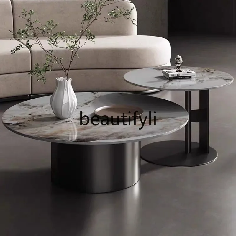 الحديثة الإيطالية الحد الأدنى مجموعة طاولة القهوة المستديرة غرفة المعيشة بلاطة الصخور كبيرة وصغيرة طاولات القهوة المستديرة الفولاذ المقاوم للصدأ K4050