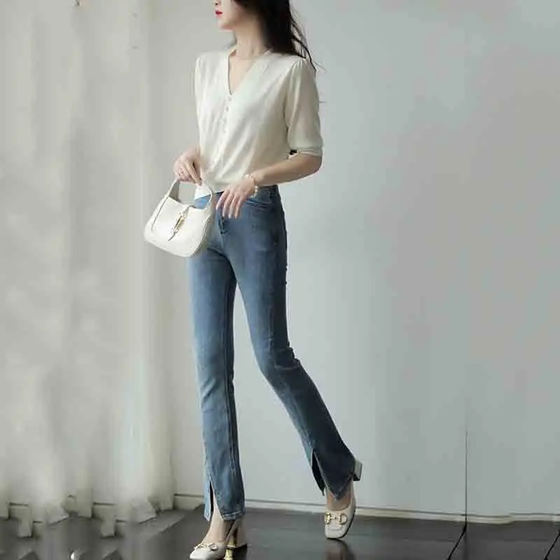 Soft Loose Knitted Sweater Pearl Button V-Neck Knitted Women's Clothing 2023 Summer Mid-Sleeve New Casual Versatile Pullover Top