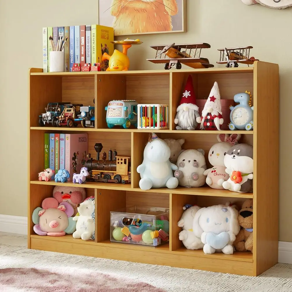 Estante de Livros de Madeira de 3 Camadas, Organizador de Armazenamento com 8 Seções, Acabamento Natural, Adequado para Sala de Estar, Sala de Aula, Quarto Infantil