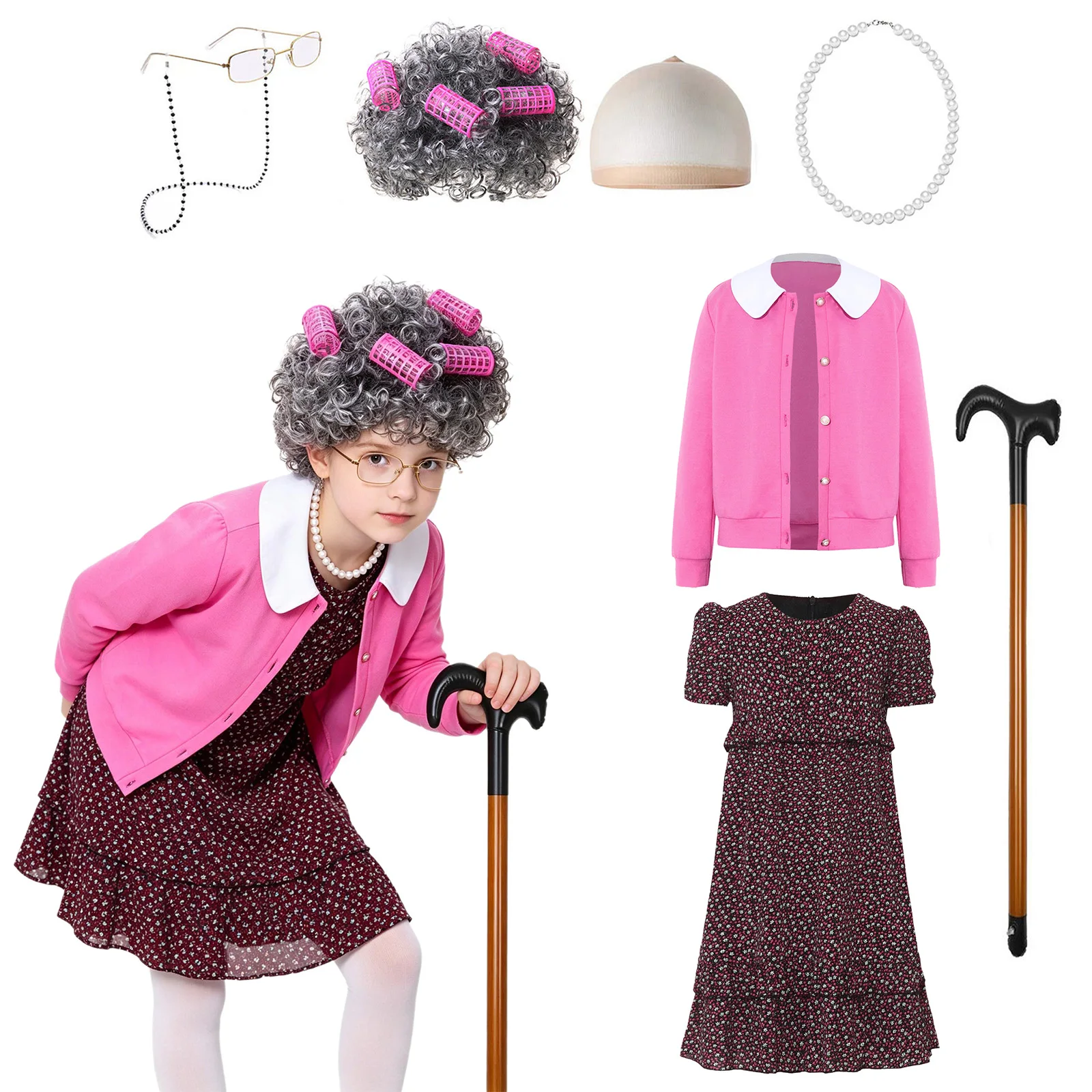 Disfraz de Abuela para Niñas de 100 Días de Escuela, Vestido Floral con Volantes, Peluca, Collar de Perlas, Gafas, Redecilla para el Cabello y Bastón para Cosplay de Halloween