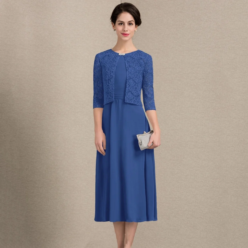 

Customized Mother Dresses Elegant Formal Gown A Line Mid-calf Length Bride Party Dress Lace Coat Chiffon robes invitée mariage