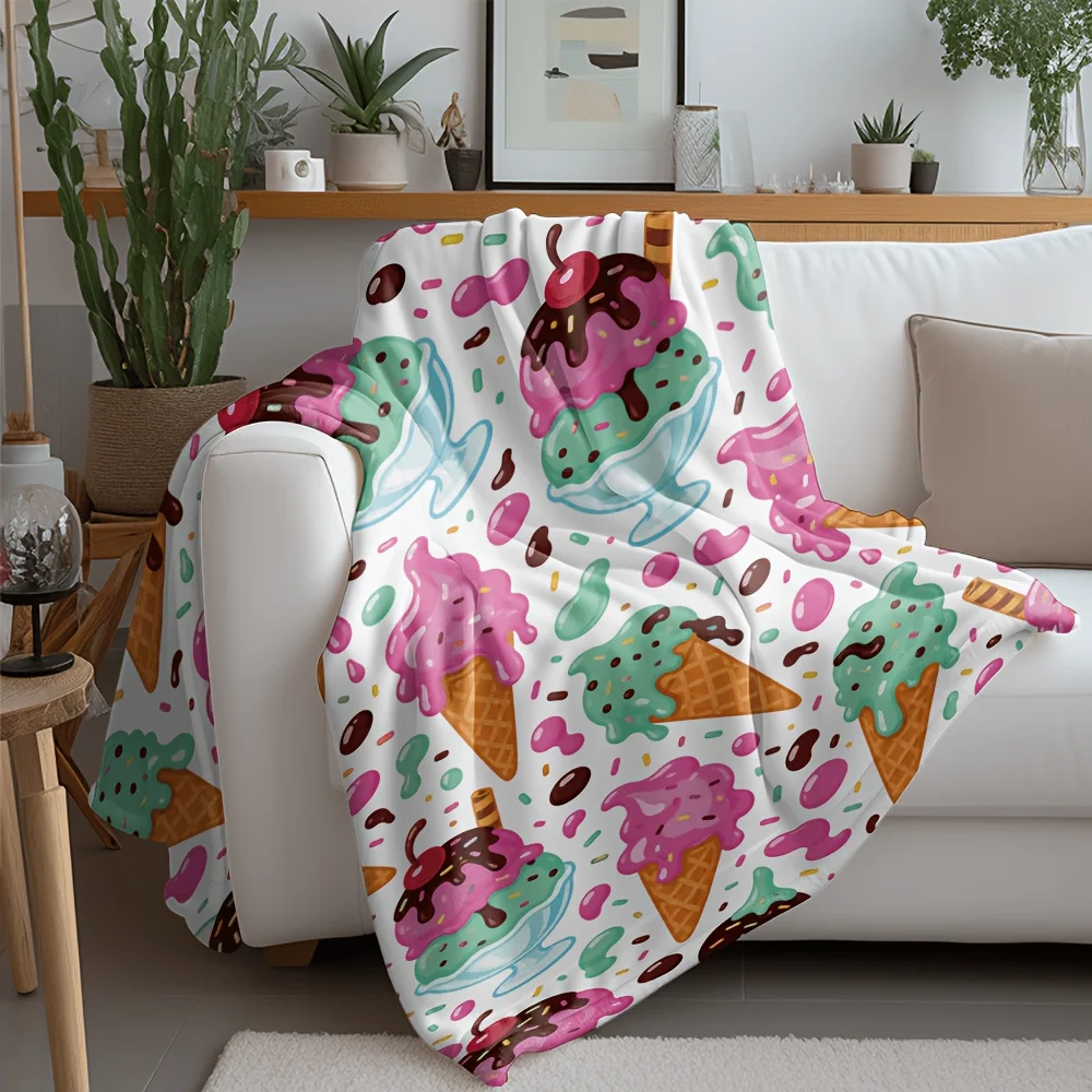 1pc Colorful Ice Cream Pattern Flannel Blanket, Premium Ultra Soft Warm Cozy Comfort, Heavyweight 280GSM Quality, Machine Washable Easy Care, for Bedroom Sofa Bedding Items Office Dorm & Car, Cozy Winter Throw Blanket, Ideal Gift Choice