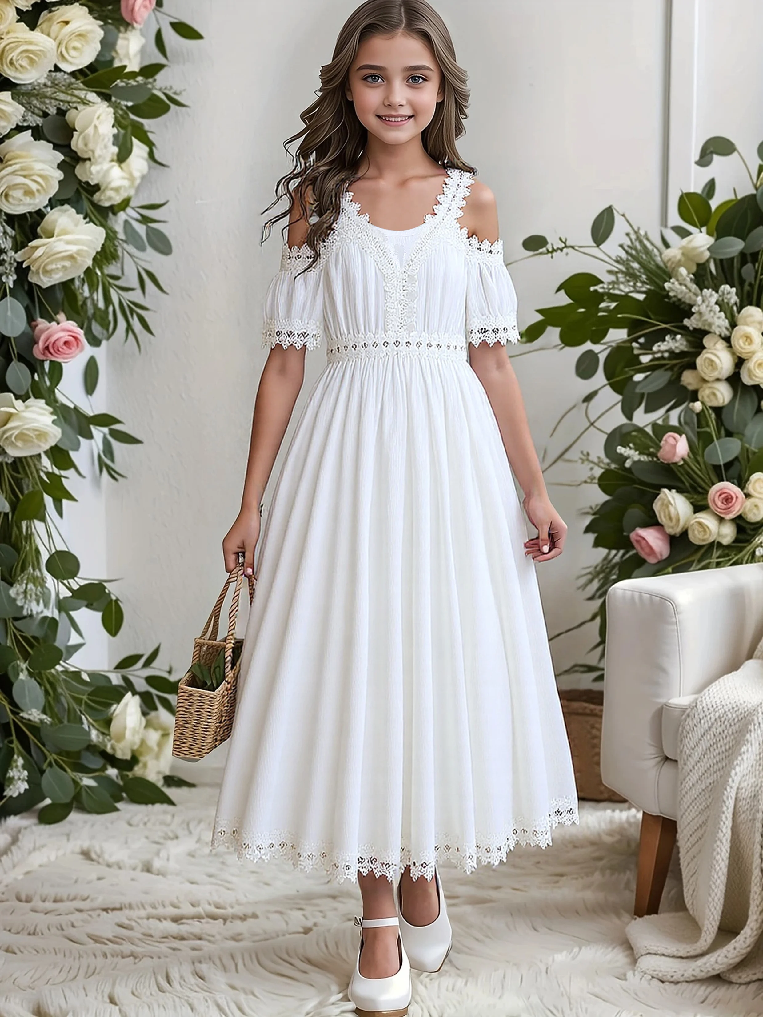 Tween Girls' Lace Trim Fashion Princess Dress Summer Outdoor Beach Vacation Suitable One Piece Children's Clothing