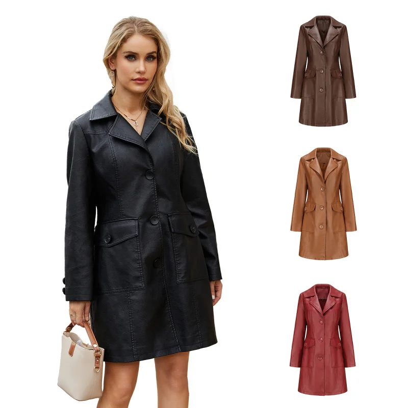 

New Long Leather Jacket Spring and Autumn Long Sleeve Leather Trench Coat Fashion British Style Women's Turn-Down Collar Single-