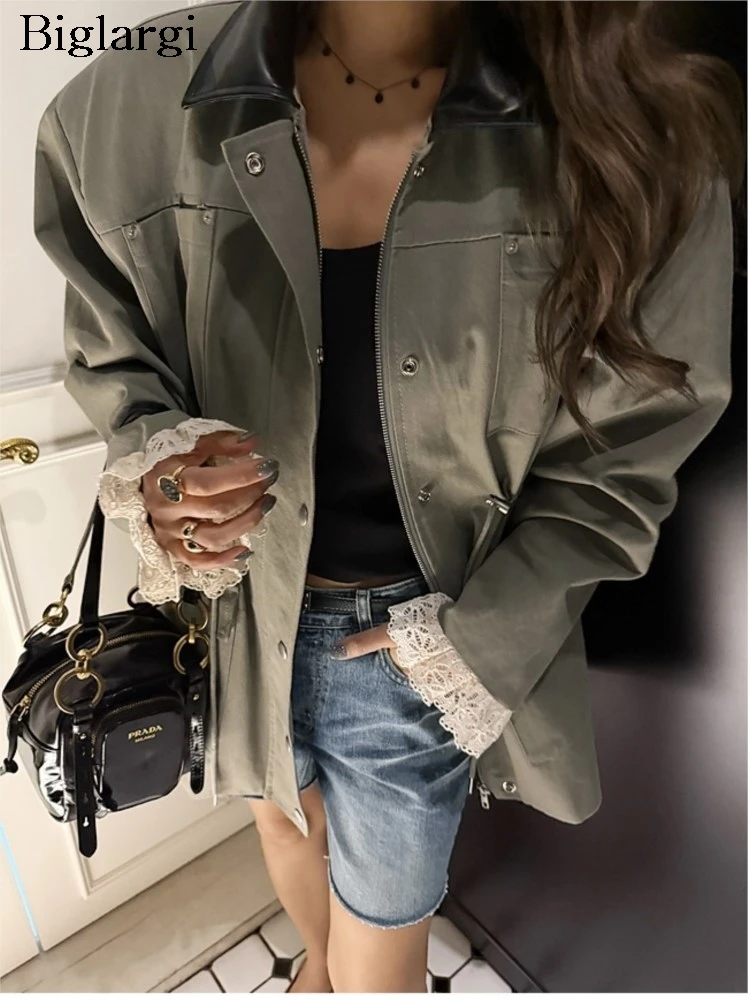 

Autumn Midi Coat Women Lace Patchwork Long Sleeve Fashion Sweet Ladies Jackets LooseKorean Style Casual Woman Coats