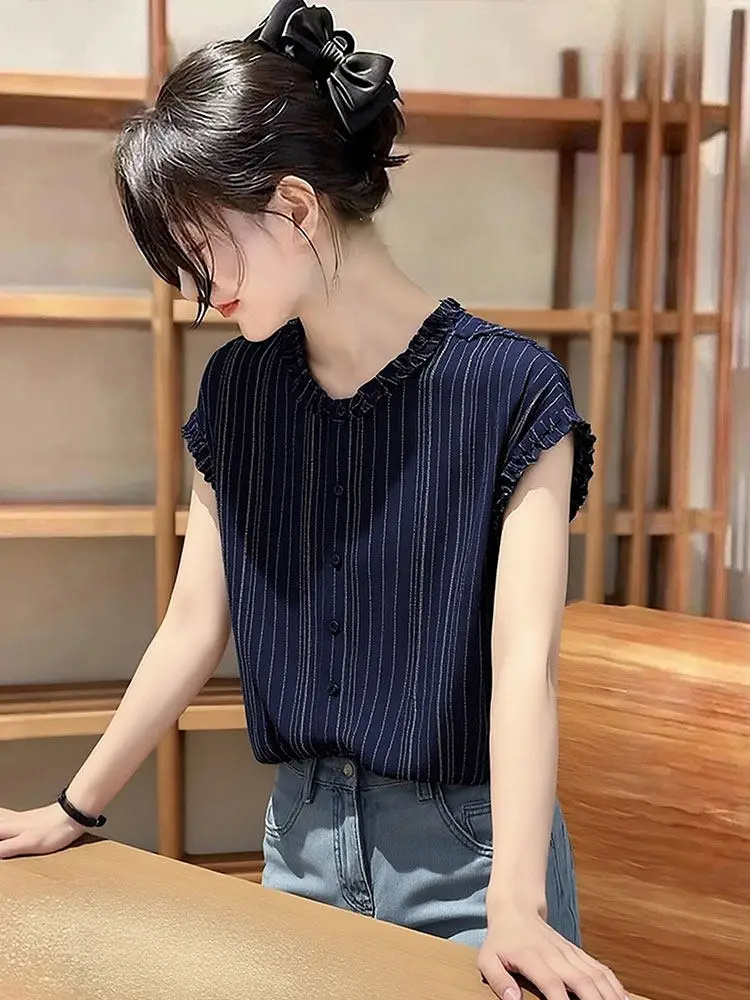 Chic Wooden  Stripe Short Sleeve Shirt Women's Commute Style Slimming Beautiful Top Korean Version Suitable for Summer