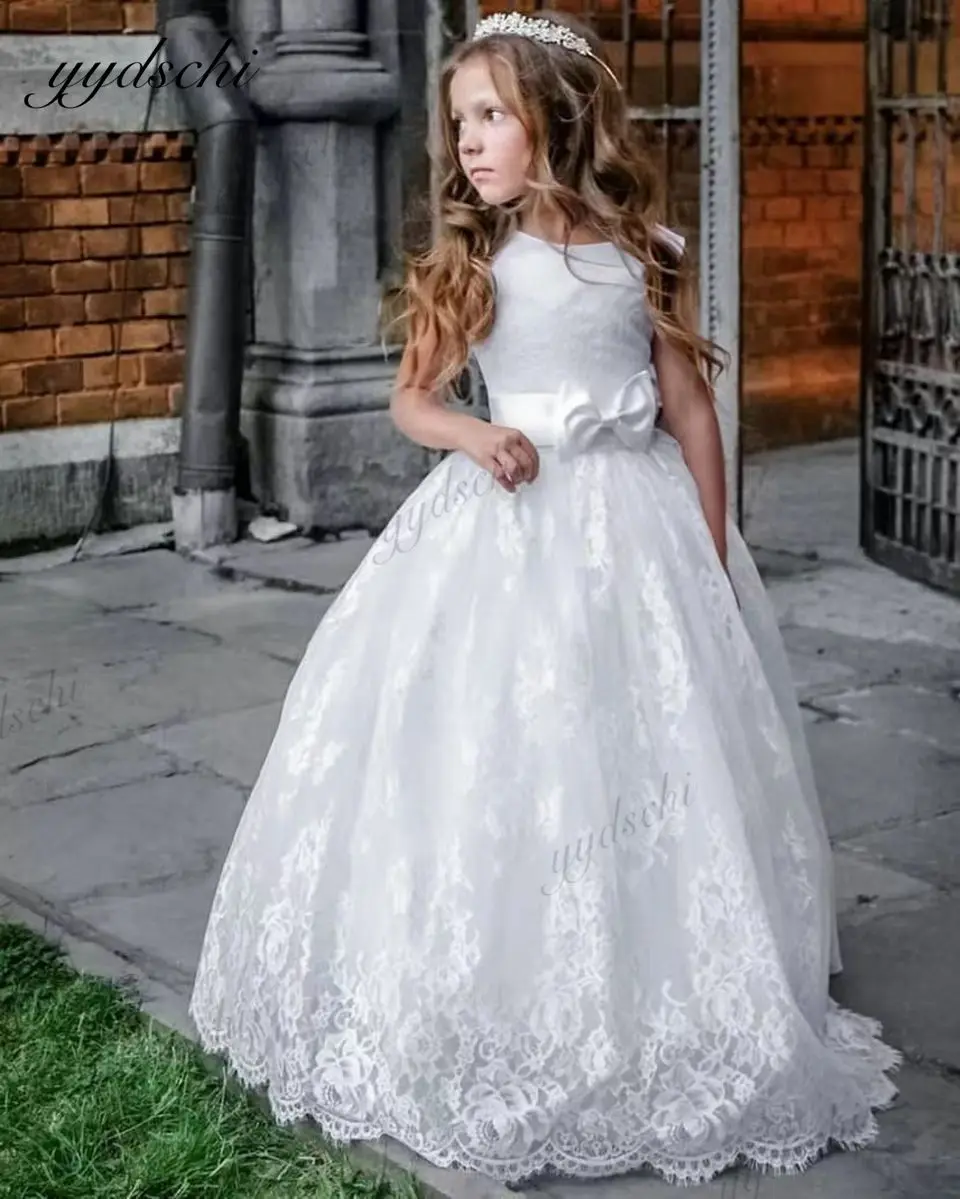 

Elegant White A-Line Flower Girls Dresses For Wedding 2025 Princess Sleeveless Lace Kids Pageant First Communion Gowns With Bow