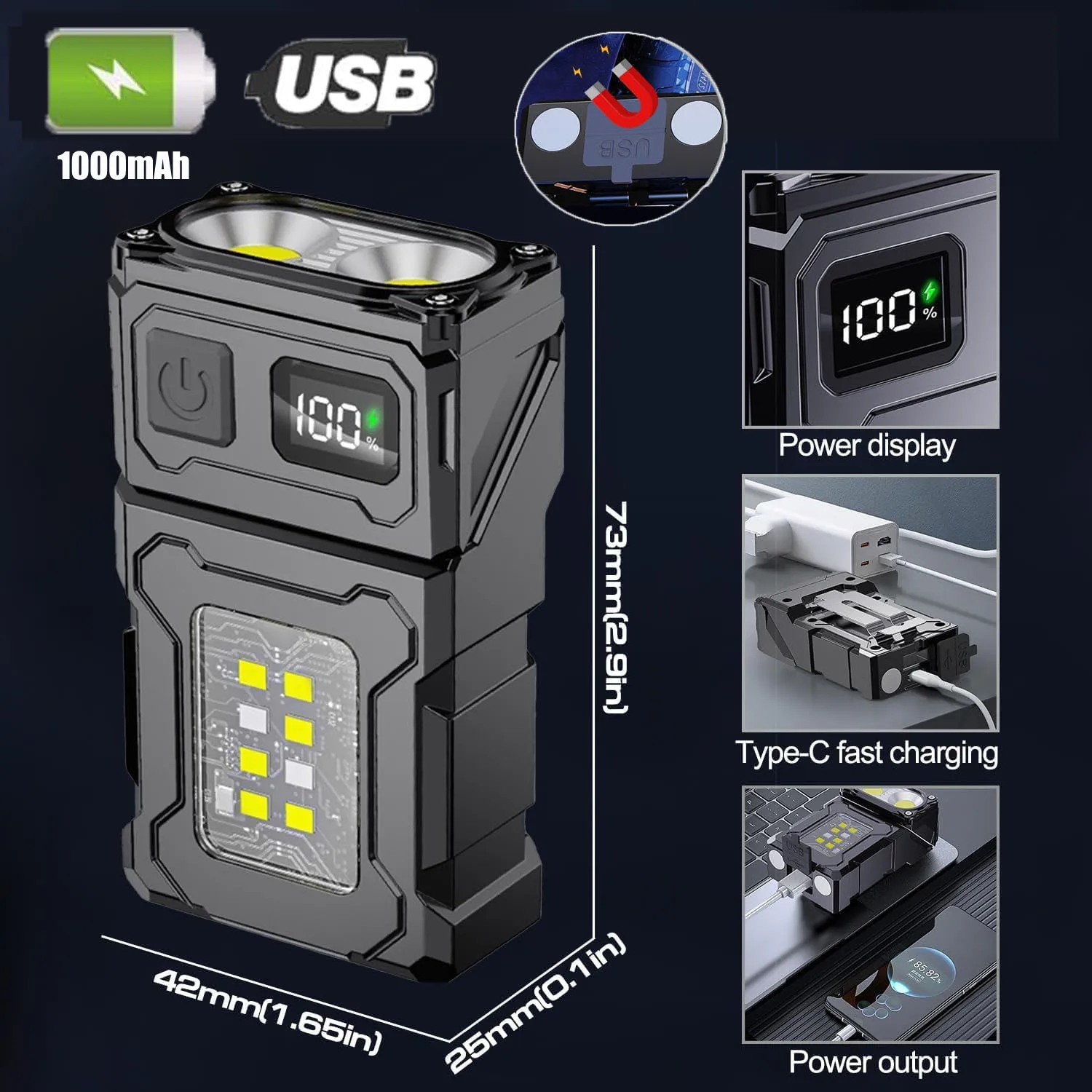 High Power Mini Led EDC Taschenlampe COB 1200 mAh USB Aufladbare Taschenlampe Lampe Tragbare Magnetische Digital Display Arbeit Licht