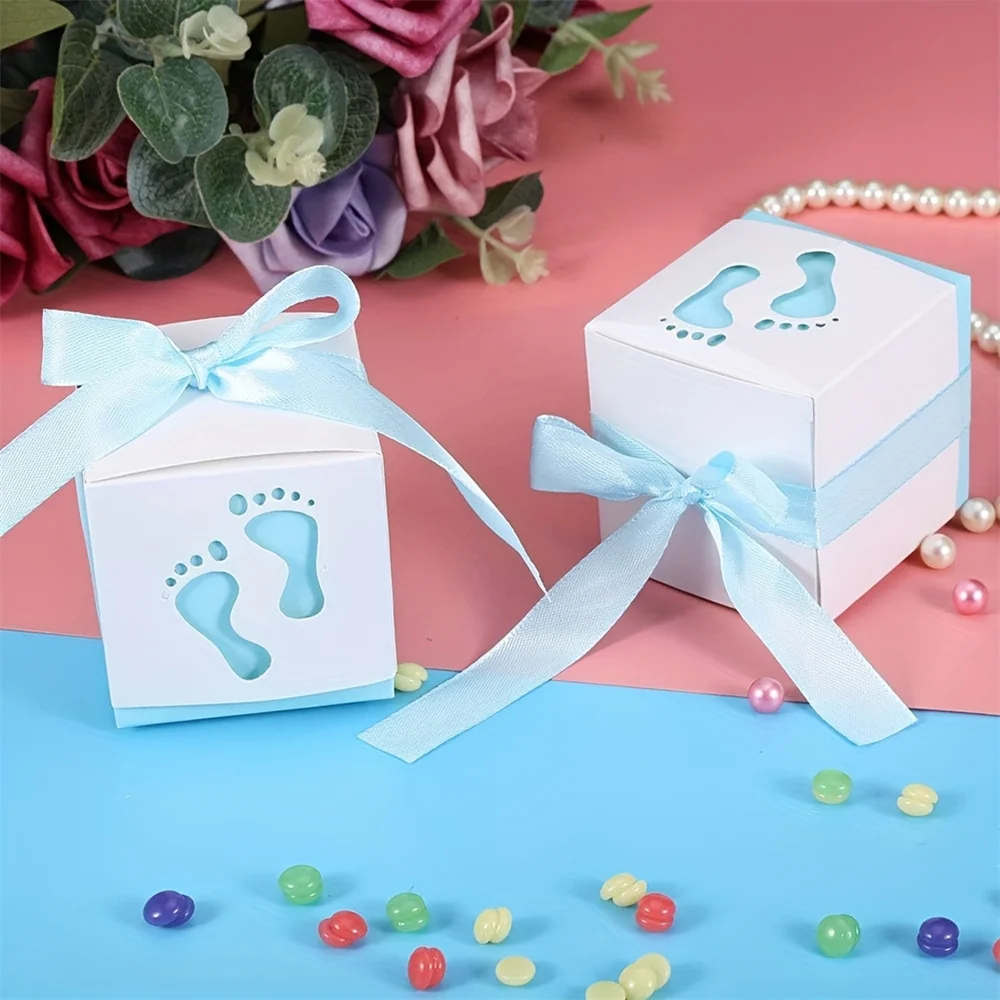 15 Stück Fußabdruck-Süßigkeitsschachteln mit Band, blau-rosa Geschlecht offenbaren Party-Geschenkbox mit niedlichem Fußabdruckmuster – Detail 7