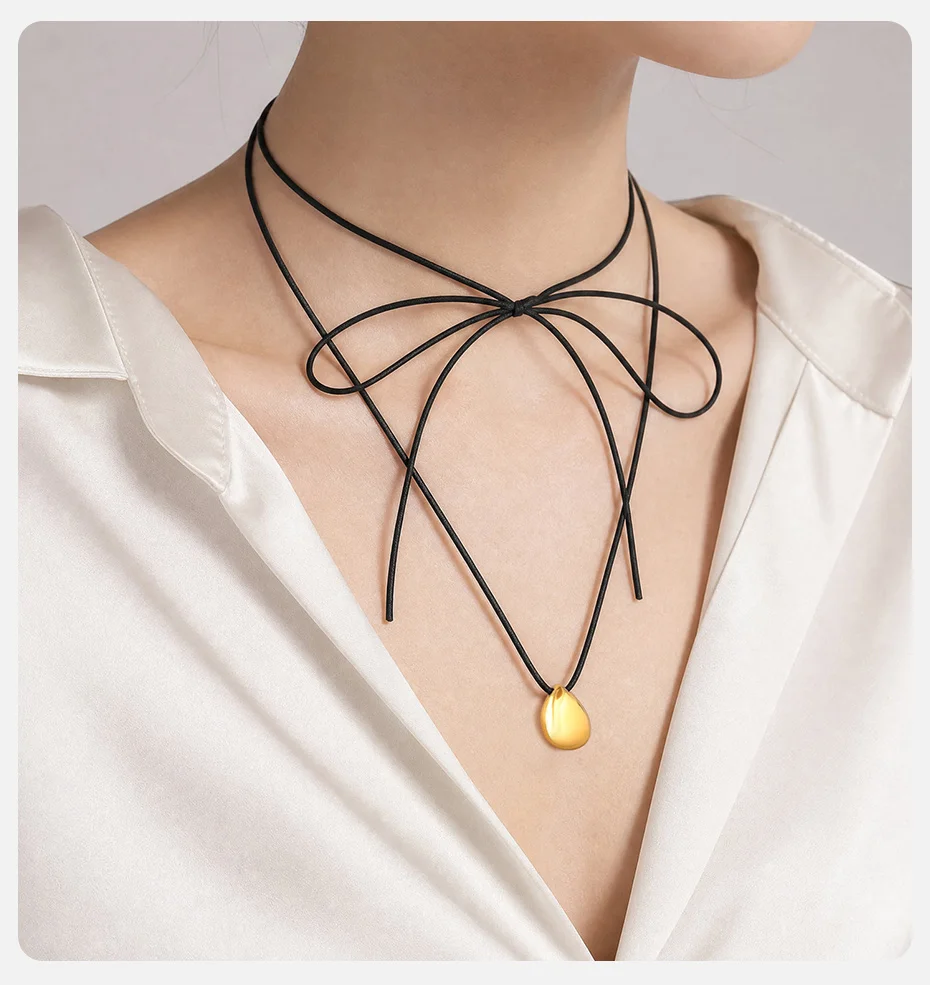 Vnox glänzende Tropfen-Herz-Anhänger-Halskette für Damen, unregelmäßige geometrische Metall-Wachsseil-Pulloverkette, Y2k-Schmuck – Detail 8