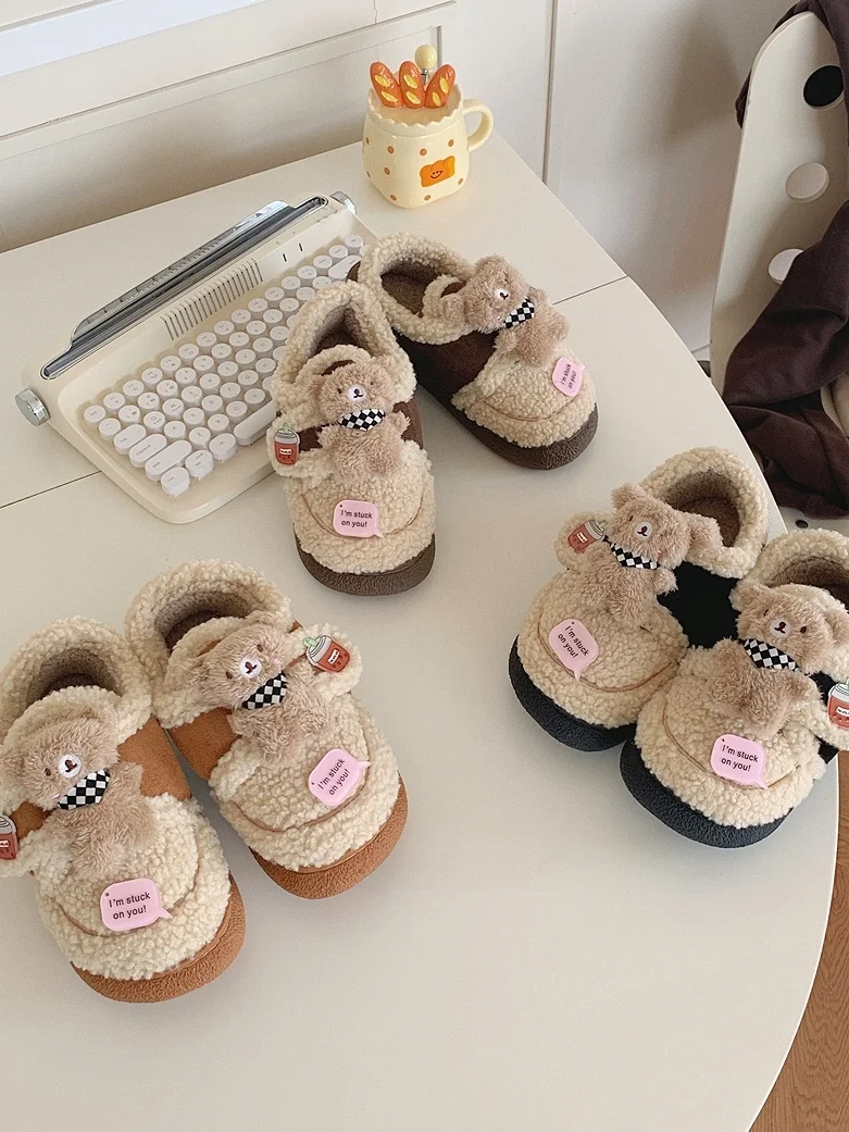 

Winter Parent-Child Matching Cute Bear Lamb Fur Cotton Shoes Women's Flats Fashionable All-Match Low-Heel round Toe Bean Shoes