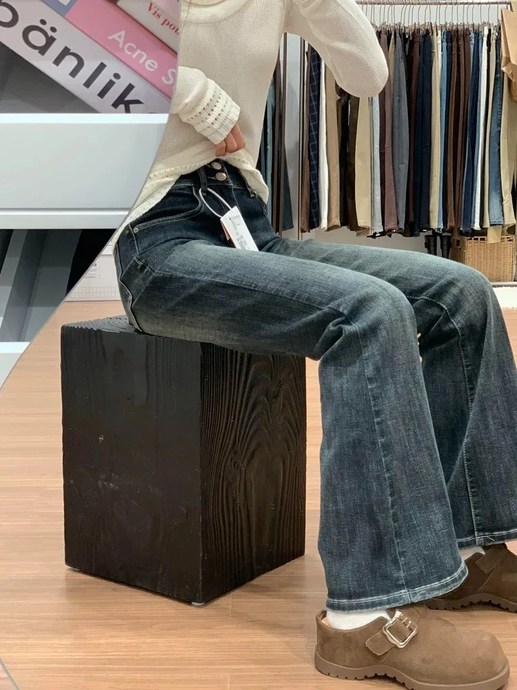 Damskie spodnie dzwony z wysokim stanem, styl Y2K retro, z podwójnymi guzikami, elastyczne, na jesień, uniwersalne, codzienne spodnie z gumką w pasie.