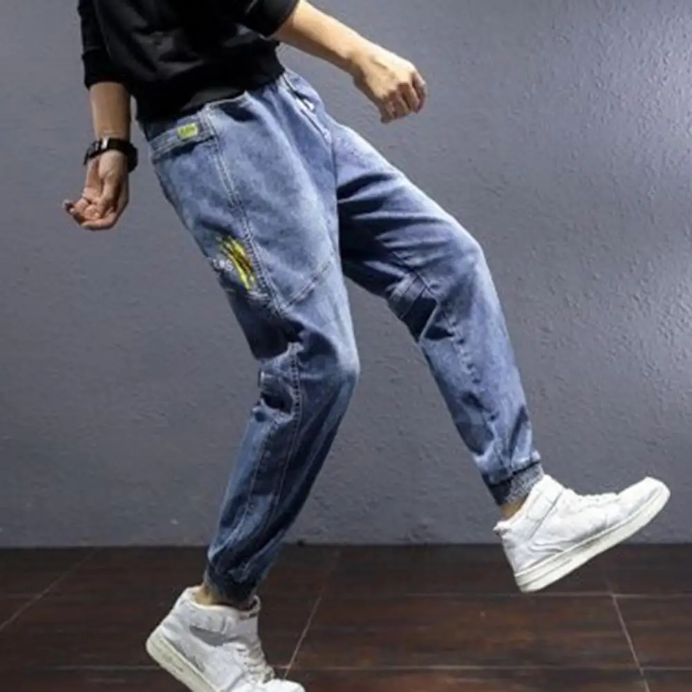 Letter Lace-up Denim Pants Men Trousers Drawstring Ankle Tied Denim Baggy Trousers Cargo Pants Streetwear  pantalones hombre