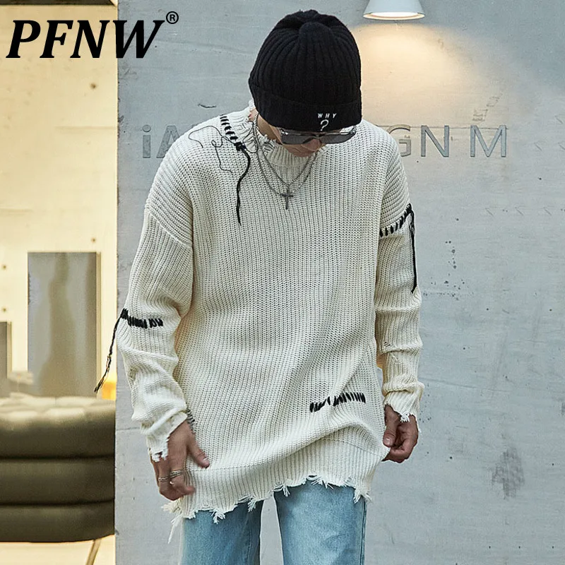 

PFNW Korean Style Men's Sweater Loose Irregular Rough Edge Hole Contrast Color Round Collar Male Top Pullover Menwear New 12C523