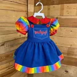 Kid Girl Doll Costume Outfit Rainbow Doll Collar Puff Sleeve Tops Suspender Skirt with Front Pocket for Halloween