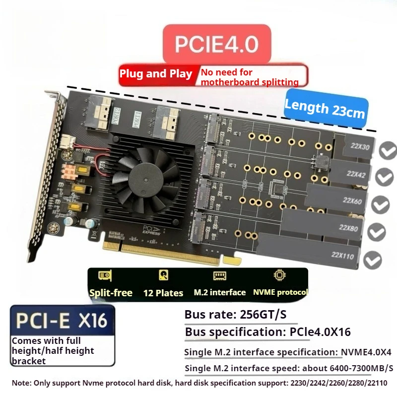 

Split-free PLX4.0 twelve-disc M.2 /U2 full/half-height PCIE expansion card, silent