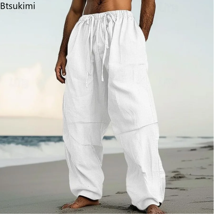 New Men's Cotton Linen Loose Casual Trousers Simple Comfortable Drawstring Pocket Straight Pants Outdoor Beach Sport Pants Male