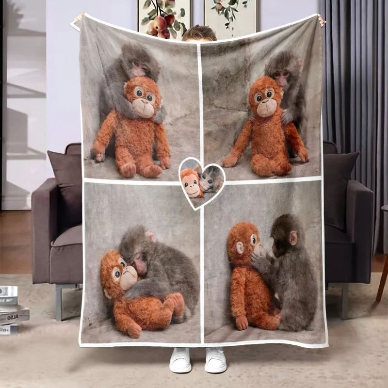 Cute Monkey Plush Doll Throw Blanket, Funny Primate Photo Printed Soft Warm Blanket for Sofa Bedroom Decor