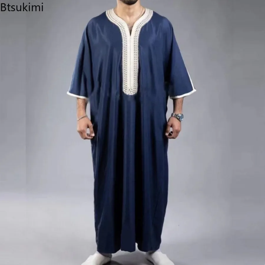 

2025 New Muslim Fashion Abayas for Men Arabic Kaftan Embroidery Loose Breathable Casual Robe Islamic Clothing Men Jubba Thobe