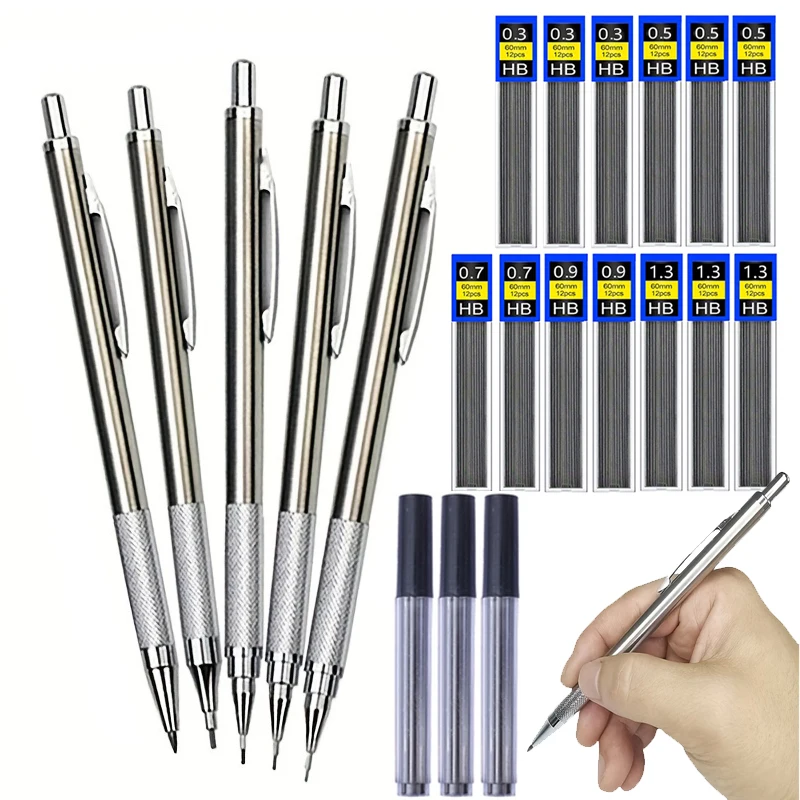 Metal Mechanical Pencil 0.3/0.5/0.7/0.9/1.3/2.0mm Drawing Automatic HB Pencil Leads Set School Office Writing Art Stationery