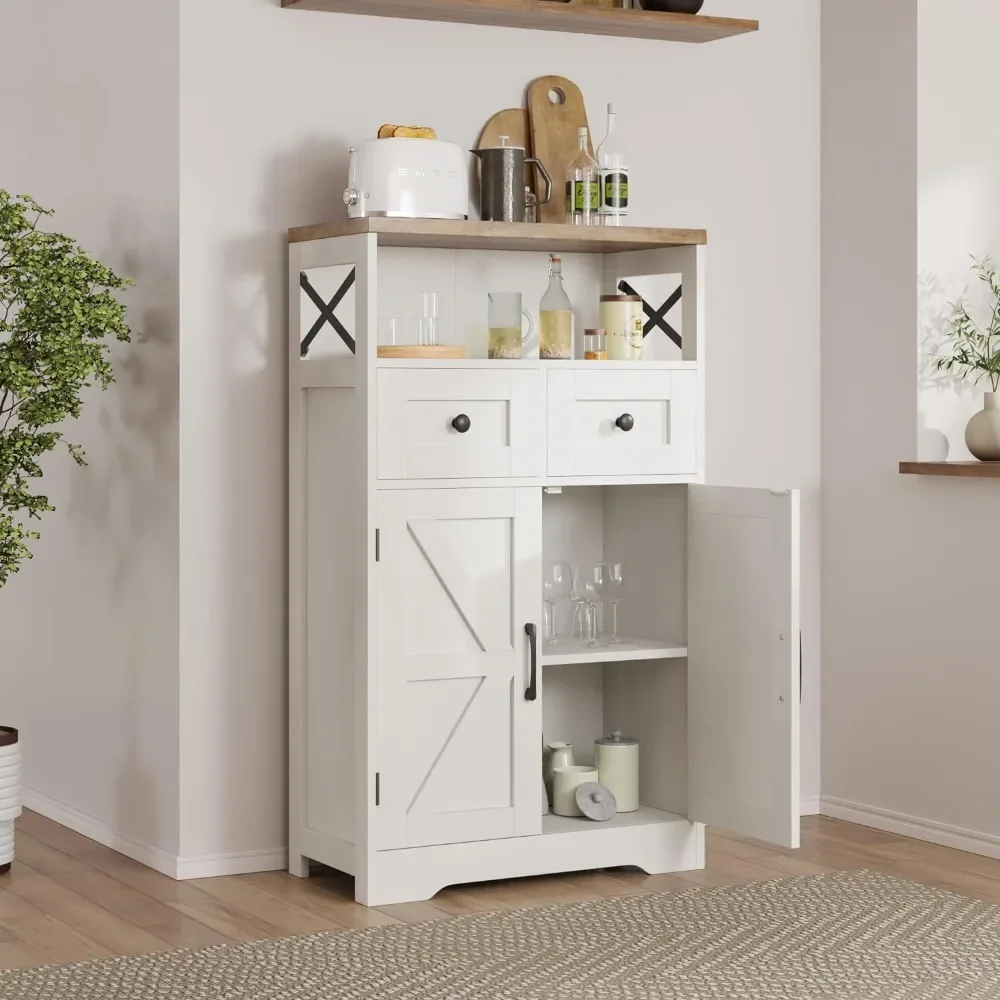 White Storage Cabinet with Doors and Drawers, Freestanding Kitchen Pantry Cabinet, Floor Storage Cabinet Hutch Cupboard