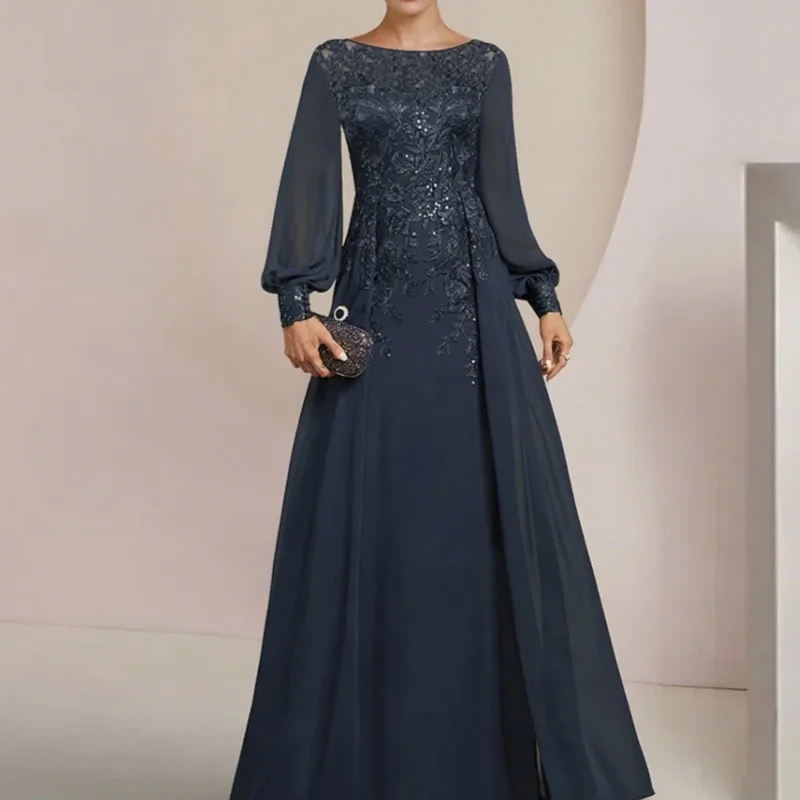 

Mother of the Bride Dresses O-neck Applique Long Formal Wedding Guest Gowns Chiffon Dress Customized