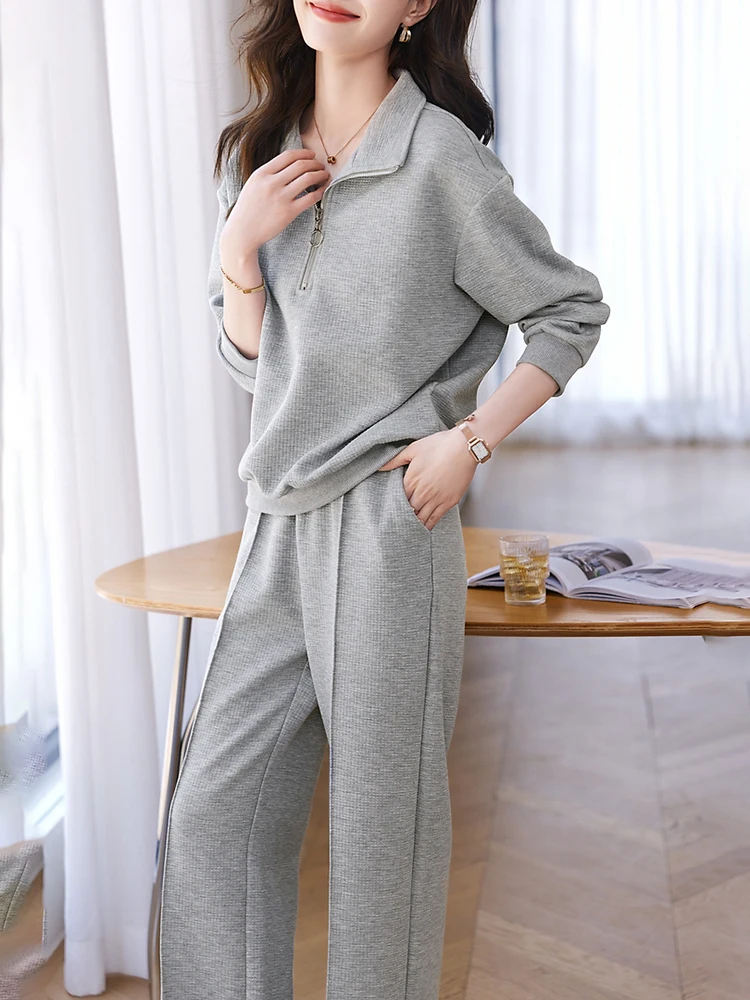 Women\'s Korean Two-Piece Set Outfits Polo Collar Set Long Sleeve Wide Leg Pants High Waist Tracksuit Sets Fashion Autumn 2023