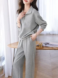 Women's Korean Two-Piece Set Outfits Polo Collar Set Long Sleeve Wide Leg Pants High Waist Tracksuit Sets Fashion Autumn 2023