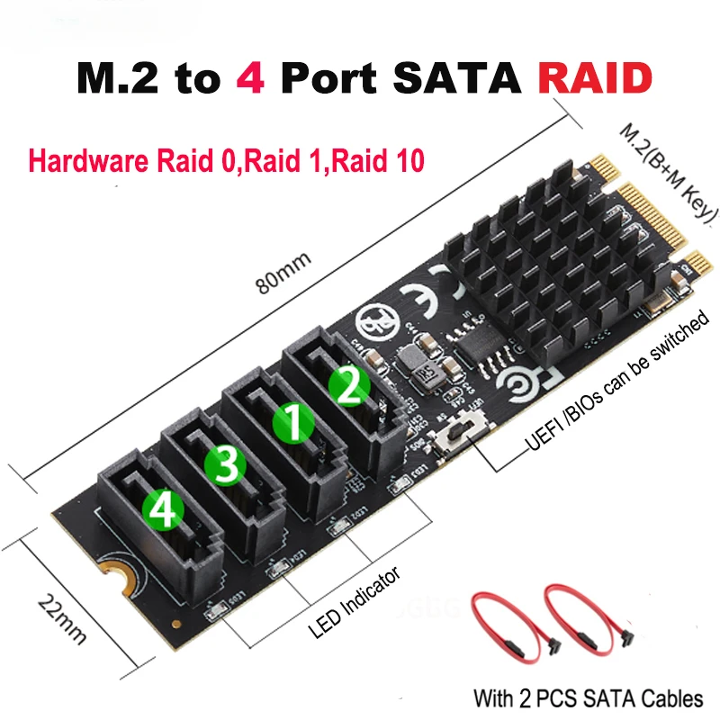 

M.2 to 4 Ports RAID 0/1/10 SATA III 6G SSD HDD Adapter M Key B Key 2280 mm Size PCIe2.0 Marvell 9236 Chip for UEFI Bios