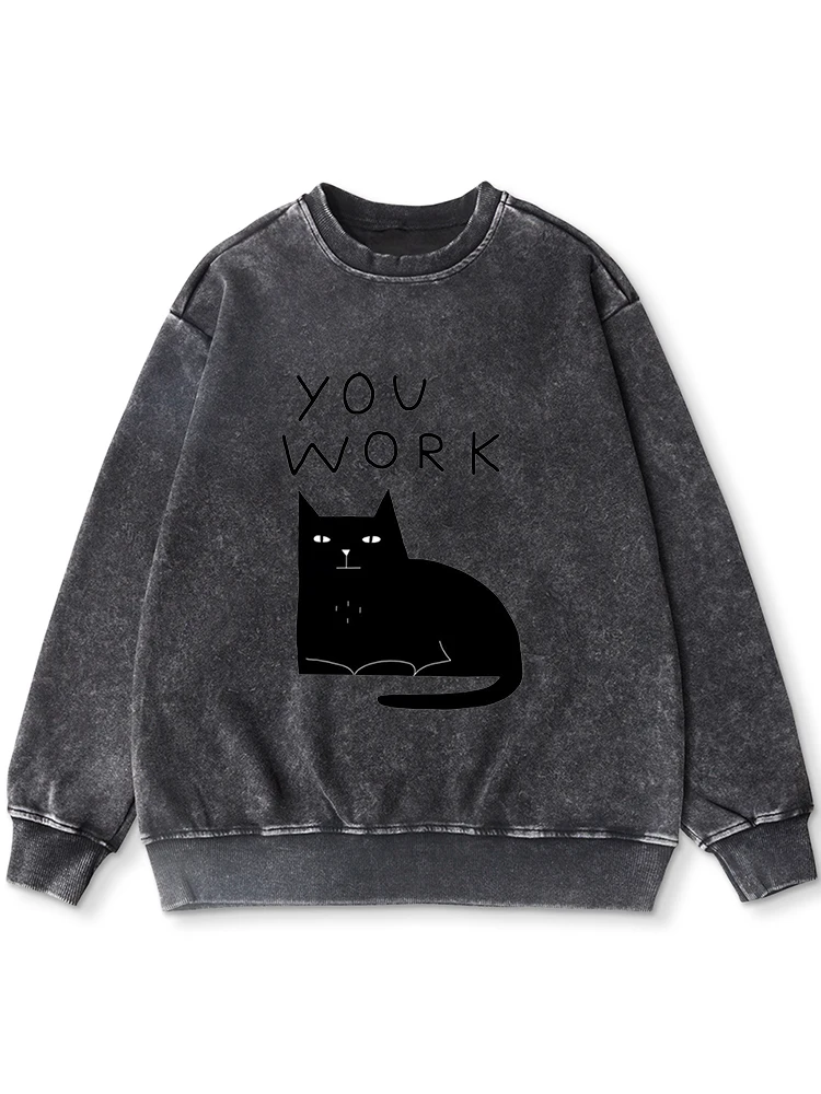 Little Black Cat Print Women'S Cotton Washed Distressed Hoody Fashion Comfortable Sweatshirt Autumn Versatile Tracksuit Female