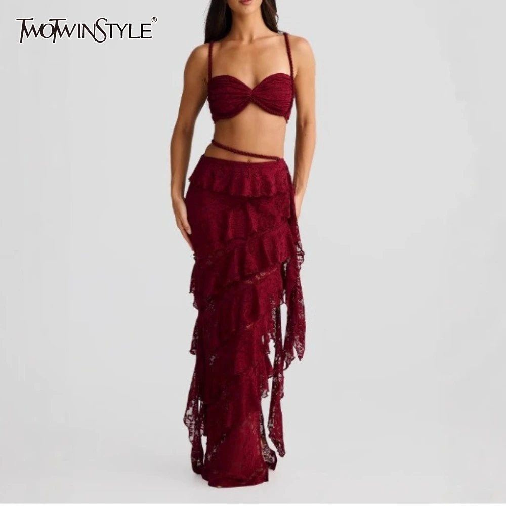 

TWOTWINSTYLE Solid Spliced Ruffles Two Piece Sets for Women Strapless Sleeveless Top High Waist Skirtssets Female Fashion